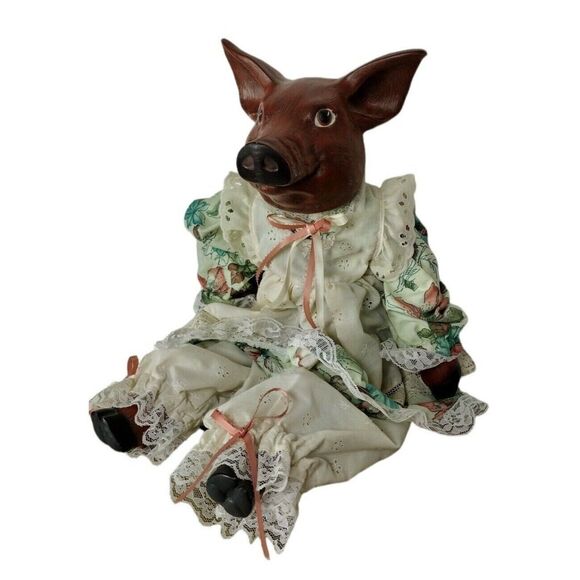 Antique Ceramic Macabre Anthropomorphic Pig Doll In Floral Dress & Bloomers - Picture 2 of 11
